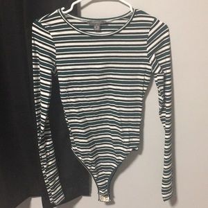 Grey black and white stripped body suit